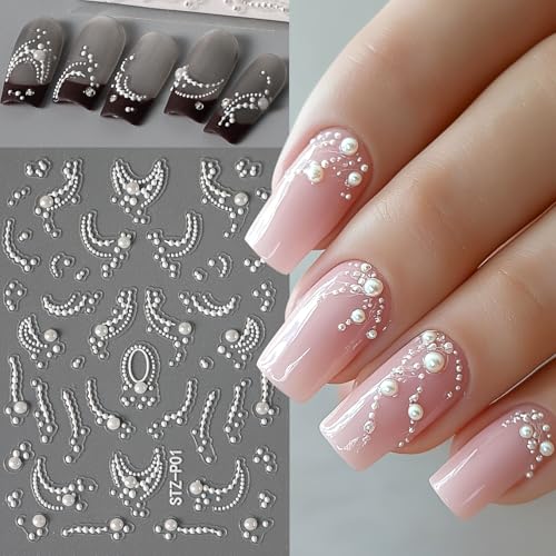 5 Sheets Emboss White Pearl Nail Stickers with Tweezers French Tip Lace Design Decals Romantic Self-Adhesive Slider Manicure Decoration Nail Art Supplies for Women