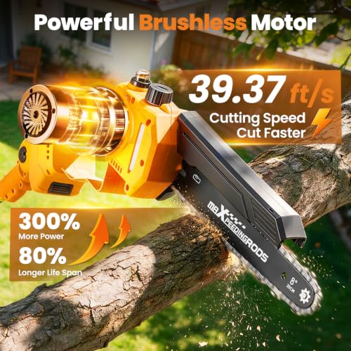 maXpeedingrods 4-In-1 Electric Pole Saws for Tree Trimming with 2×4.0Ah Batteries, 8 Inch & 6 Inch Mini Chainsaw Cordless with 15.7ft Reach, 180° Adjustable Angle Brushless Chainsaw with Chain Cover - color: Orange