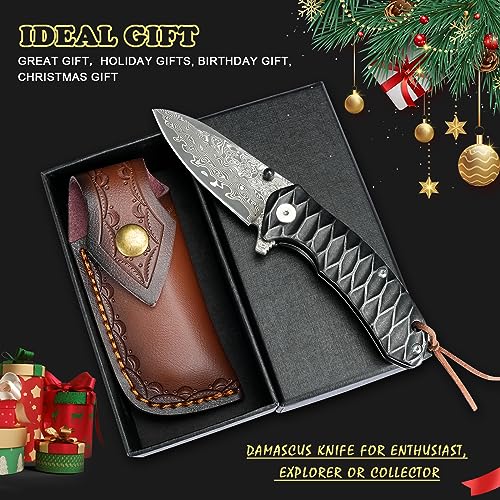 AUBEY Damascus Pocket Knife for Men, Forged 2.95" Damascus Steel Blade DMHY