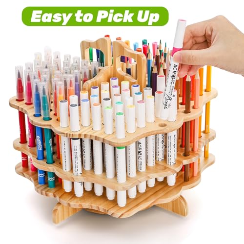 Peohud Wooden Pen Holder, 124 Slots Rotating Pencil Display Stand, Portable Paint Brush Organizer for Colored Pencils, Watercolor Brushes, Art Brushes, Office, Desktop
