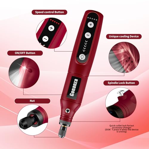 GONANZA Mini Cordless Rotary Tool Kit - 5-Speed, 3.7V Power Supply with LED Light 62 Accessories for Engraving, Sanding, Polishing, Type-C Rechargeable Perfect for DIY Crafts and Precision Work(Red)