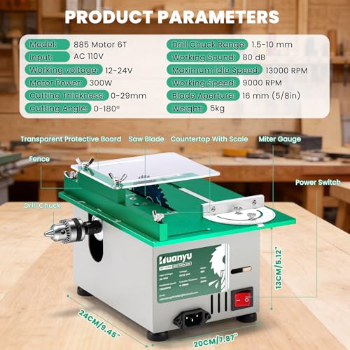 Huanyu Mini Table Saw 300W 1.14IN Cut Depth Portable Hobby Table Saws Set