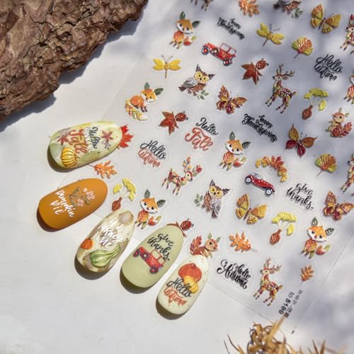 1 Sheet Thanksgiving Day Nail Stickers 5D Embossed Maple Leaves Nail Decals Self-Adhesive Autumn Fox Deer Nails Supplies Fall Leaves Nail Design Fall Leaf Nails Accessories for Women DIY Nail Decor - color: Maple Leaf Deer