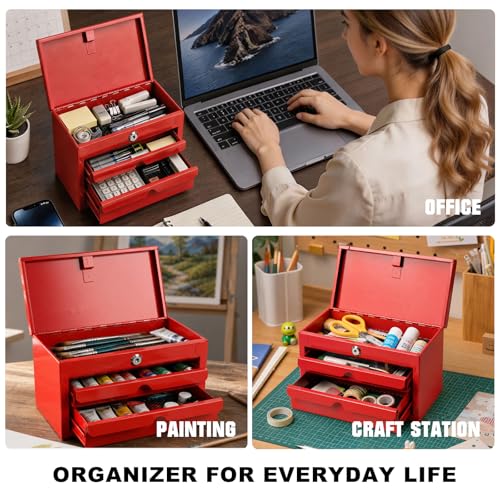 JACK BOSS Mini Tool Box with Two Drawers and Lockable Top Storage,Red - color: Red