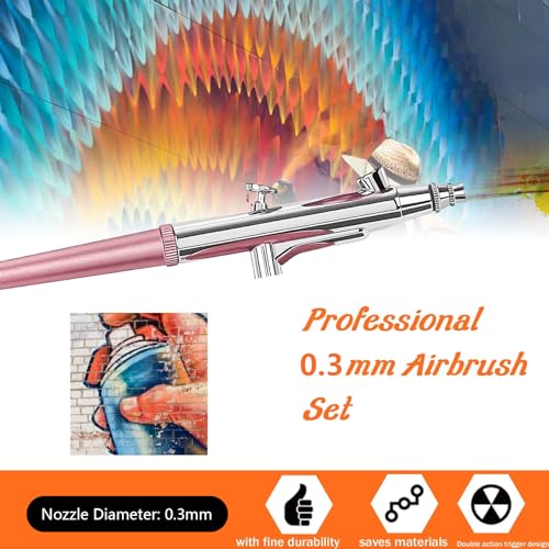 Airbrush Kit Portable Airbrush Accessories Air Brush Kit with Air Compressor 0.3 mm Needles Air Brush Gun Set for Painting,Model,Cake Decorating，Makeup，Nail Art (Pink -0.3 Nozzle) - color: Pink -0.3 nozzle