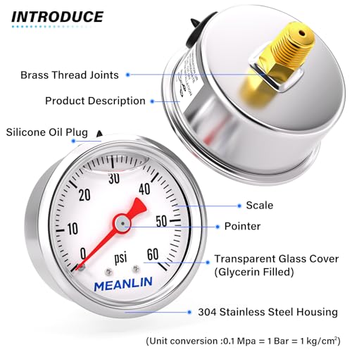 MEANLIN MEASURE 0~60Psi Stainless Steel 1/8" NPT 1.5" FACE DIAL, Glycerin Filled Pressure Gauge, Liquid Filled, Water Oil Air, Back Mount, with 1/4" NPT and 3/8" NPT Hex Bushing - size: 0-60Psi