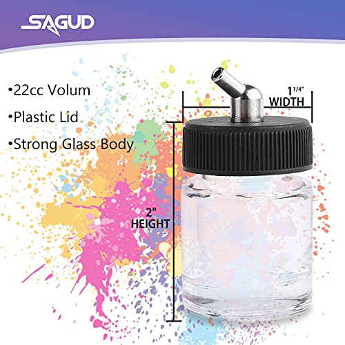 SAGUD 10pcs Glass Airbrush Bottles Kit 18cc (2/3 Ounce) Airbrush jar with 10pcs Adapter Cap Covers Set and 60° Down Angle Adaptor Lid,Fits Single Action Siphon Feed Airbrushes