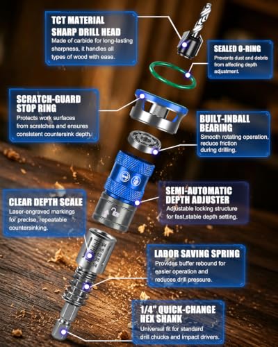 Upgrade 10PCS Countersink Drill Bit Set with Adjustable Depth Stopper - color: Blue, size: Extended - Quick Adjustment