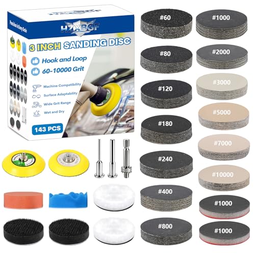 143 PCS 3 in Drill Polishing Kit 60-10000 Grit Hook and Loop Sanding Discs