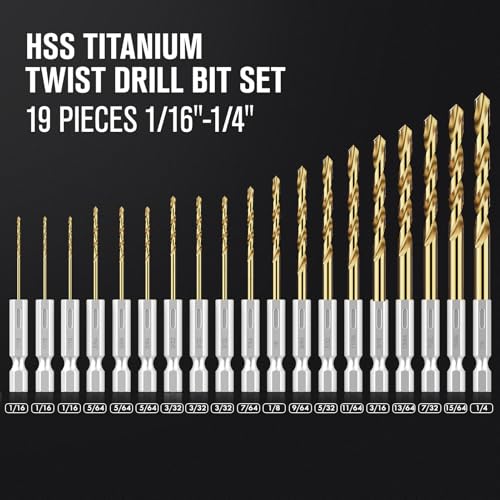 19Pcs(1/16" - 1/4") Hex Shank Titanium Twist Drill Bit Set - size: 1/16" - 1/4" - 19pcs HSS