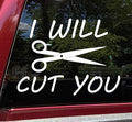 Purple - I Will Cut You Vinyl Decal - Hair Dresser Salon Scissors - Die Cut Sticker - 4w x 3h inches - color: Purple, size: 4w x 3h inches