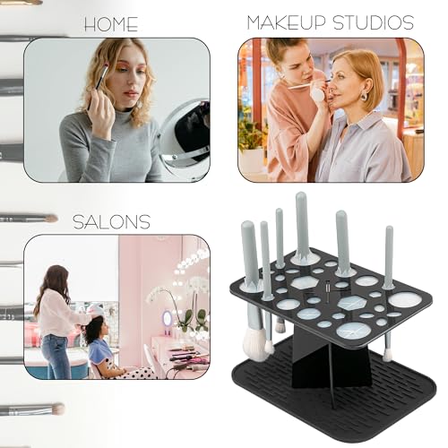 SHIDOW 28-Hole Makeup Brush Drying Rack with Silicone Drip Mat, Acrylic Upside-Down Brush Holder Organizer Stand, 1-Pack, Black - color: black