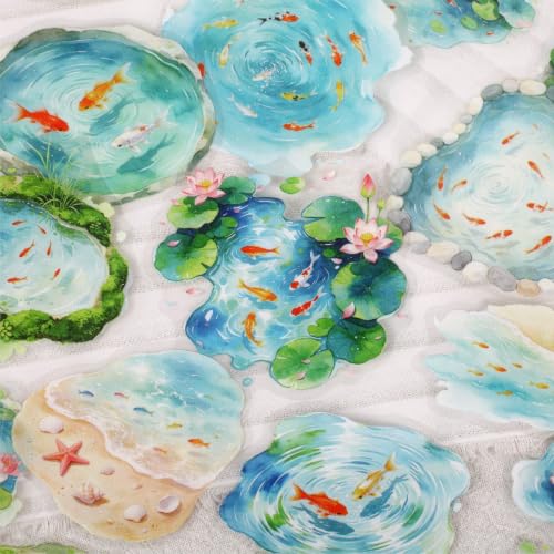 120 Pcs Watercolor Koi Pond PET Stickers, Water Lotus Decals Set - color: Clear Pond Reflecting Carp