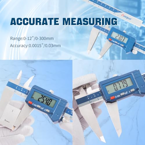 Dasqua Digital Caliper 12", IP54 Stainless Steel Water Resistant Caliper with Large LCD Display and Storage Case, Easy Switch Between Inch/Metric/Fraction, Accuracy 0.001'', Precision Measuring Tool - size: 0-12"