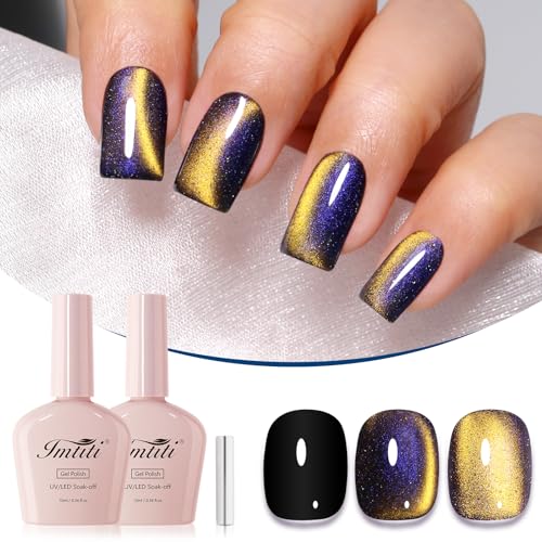 2 PCs 10ML Gel Nail Set, Black and Brilliant Golden Starlight - color: Golden Starlight Cat Eye & Black 2-Pack