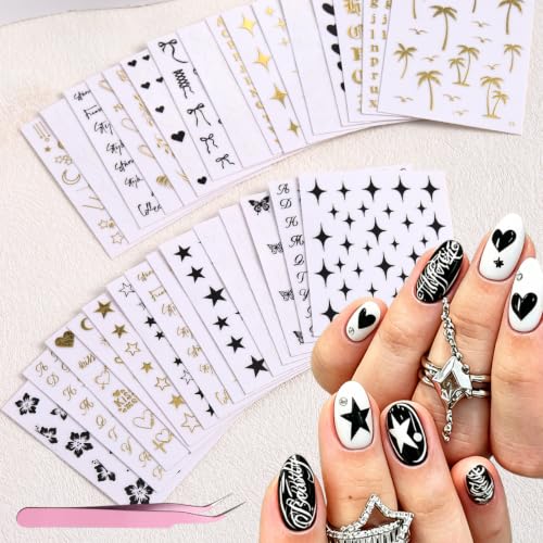 3D Nail Art Stickers Set, 30 Sheets Self-Adhesive Black White Gold Nail Decals Kit with Tweezers Star Heart Flower Letter Bow Design Supplies Accessories for Women DIY Manicure Decoration
