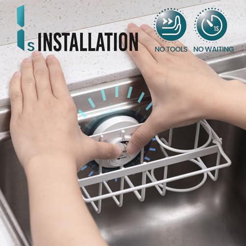 TAILI 4-in-1 Sponge Holder for Kitchen Sink with Strong Suction Cup-White - color: White, size: 7.28" x 2.36"