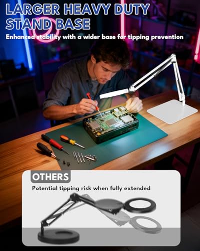 15X Magnifying Glass with Light and Stand, 84 LED Magnifying Desk Lamp with Clamp and Base, 10 Dimmable Brightness 5 Color Modes, Hands Free Lighted Magnifying Glass for Close Work, White