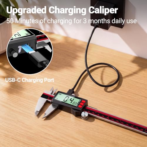 Digital Caliper 8 Inch, Rechargeable Calipers with LCD Screen, Inch/MM/Fraction, Stainless Steel Vernier Caliper Measuring Tool for DIY, Household, Jewelers Tools, 3D Printer - size: 8 Inch