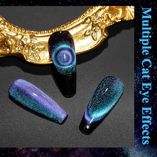 MIZHSE 9D Cat Eye Gel Nail Polish, Dual Colors Blue & Purple Magnetic Gel Polish with Magnet Stick, Magic Chameleon Galaxy Effect Holographic Glitter Silky Cat Eye Nail Polish Soak Off Nail Art Salon - color: 0-0-10Cat Eye Blue