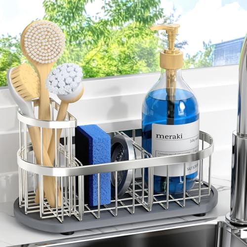 Sink Caddy Sponge Holder for Kitchen with Stone Drying Mat & Brush Holder - color: Silver