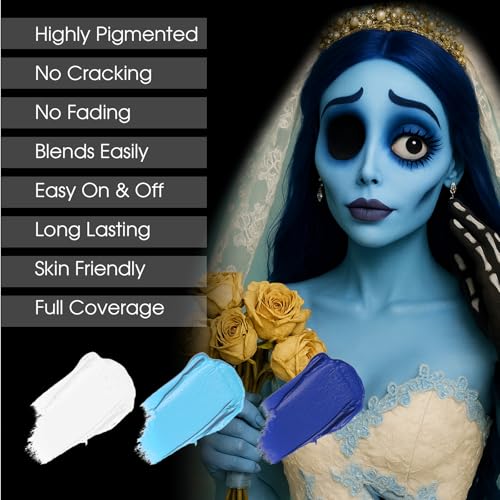 BADCOLOR 3PCS Blue White Light Blue Face Body Paint Stick Makeup for Sally/Corpse Bride SFX Cosplay & Dress Up, Full-Coverage Halloween Facepaint Makeup Kit - color: 3PCS Corpse Bride/Sally