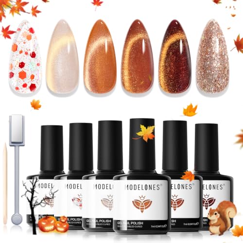 modelones Fall Cat Eye Gel Nail Polish Set, Nude Brown Yellow Burnt Orange - color: A A A0 Glimmering Fall Days