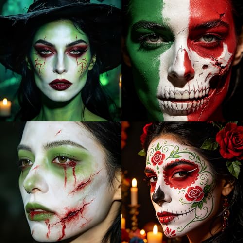 BADCOLOR 3PCS Red White Light Green Halloween Makeup Accessories, Full-Coverage Hypoallergenic Facepaint Kit for Witch Zombie Monster Vampire Skeleton Costume Party - color: 3PCS Red & White & Light Green