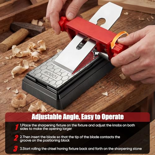 Precision Chisel Sharpening Jig & Guide, with Angle Fixture & Gauge (10-45) Sharpener for Wood Chisels and Plane Blades up to 2.8" Width
