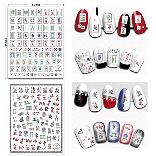 Funny Mahjong Nail Art Stickers - Chinese Playing Cards Game Design, 3D Decals, Luck Nail Art Supplies (6 Sheets) - style: Mahjong