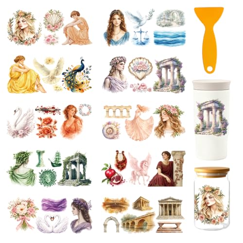 10 Pcs Greek Goddess Theme UV DTF Cup Wraps, 10 Sheets Classical Goddess Cup Transfer Stickers Waterproof Rub on Transfer Reusable DIY Vinyl Decals for DIY Glass Cups Wood Crafts - color: Greek Goddess