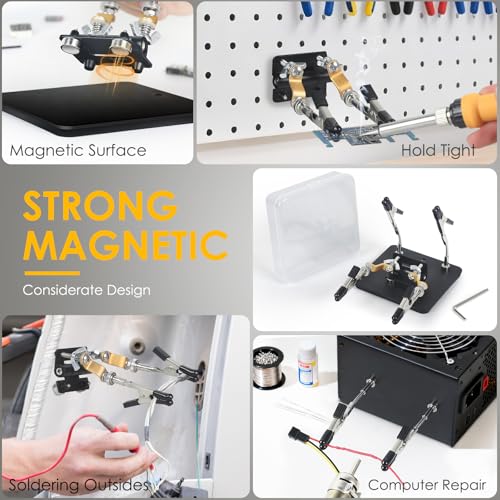 Helping Hands Soldering Station Holder with Iron Holder, Third Hand Tool with 4×4" Metal Non-slip Base, Storage Box and Adjustable Arms, Clamp Stand for Electronics, PCB Repair and DIY, Craft