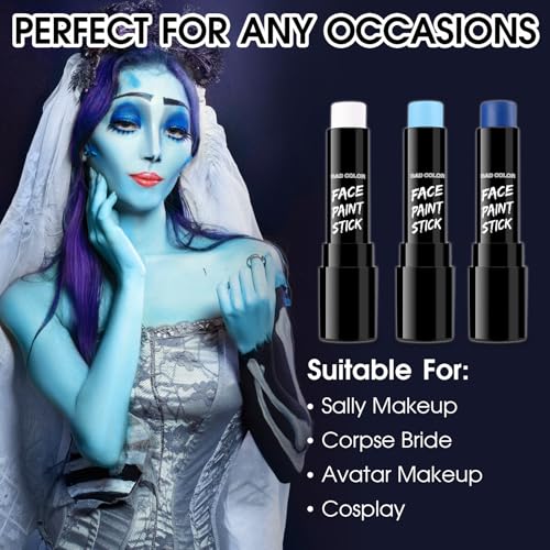 BADCOLOR 3PCS Blue White Light Blue Face Body Paint Stick Makeup for Sally/Corpse Bride SFX Cosplay & Dress Up, Full-Coverage Halloween Facepaint Makeup Kit - color: 3PCS Corpse Bride/Sally