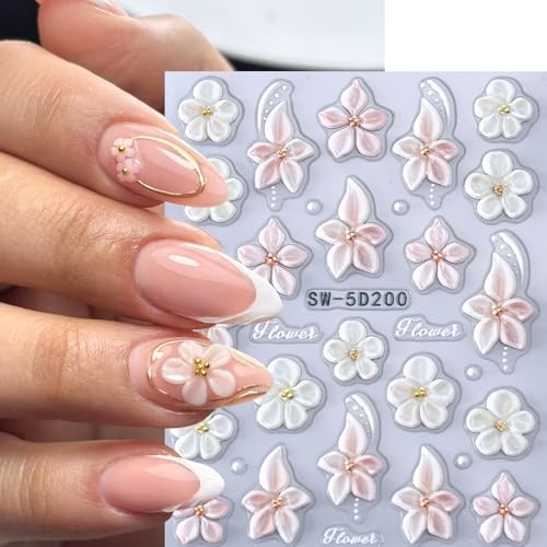 Flower Nail Art Stickers Decals 6 PCS 5D Embossed Hibiscus Decals for Nails Art Lily Hibiscus Starfish Jellyfish Daisy Bee Ladybugs Designs Summer Tropical Floral Nail Decoration for Women - style: 5D Hibiscus Flower