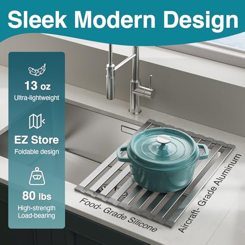 COOL-ANGLE Aluminum Roll Up Dish Drying Rack, 17.7x13.4 Inches, Matte Gray - size: Rectangle 17.7'' x 13.4''