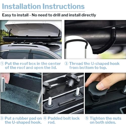 4 Pcs Roof Box U-Bolt Clamps, Upgraded Rooftop Cargo Carrier Rack Bolts, Car Van Mounting Fitting Kit 85mm Inner Width Metal U-Bracket Clips w/ 8 Lock Nuts 2 Straps