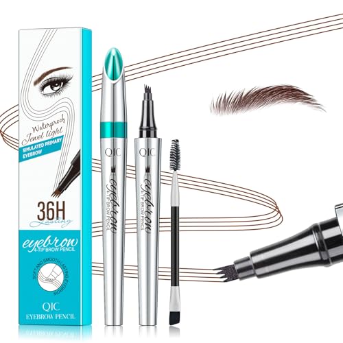 QIC Microblading Eyebrow Pen, 4 Tip Waterproof Brow Pencil for Hair Strokes - color: Dark Brown with Brush