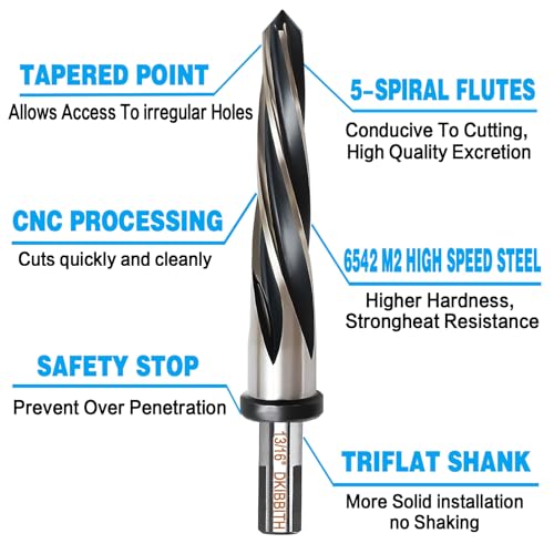 DKIBBITH 13/16" Bridge Construction Reamer Drill Bit, M2 HSS Taper Chucking Reamer for Steel Alloy Metal Wood Plastic, 1/2" Non-Slip Shank, 5-Spiral Flutes Car Reamer, to Align or Enlarge Holes, 21mm. - size: 13/16"