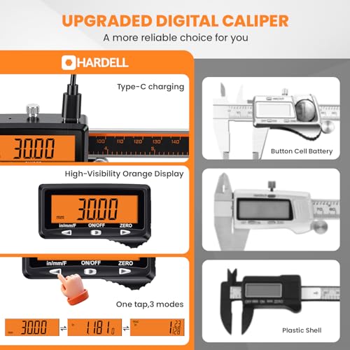 HARDELL Digital Caliper 12" USB-C Charging – Orange Display, Non-Backlit - color: Orange-12Inch