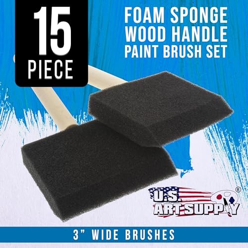 US Art Supply 3 inch Foam Sponge Wood Handle Paint Brush Set, Pack of 15