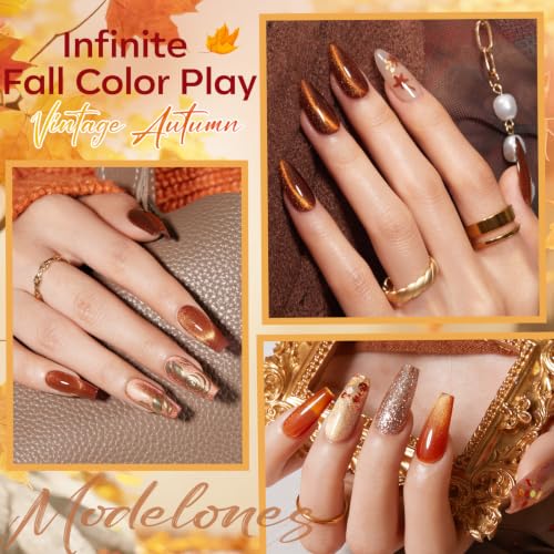 modelones Fall Cat Eye Gel Nail Polish Set, Nude Brown Yellow Burnt Orange - color: A A A0 Glimmering Fall Days