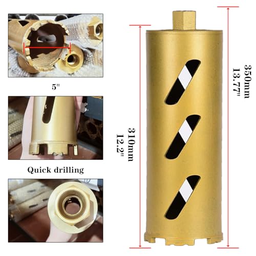 5" Dry Core Drill Bits for Cured Concrete with Rebar Brick Block Masonry etc 12.2in/310mm Drilling Depth，10mm Diamond Segment Height，2 Adapters - size: 5 inches