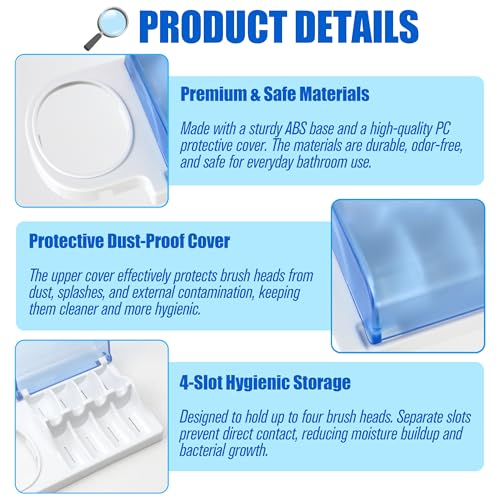 Brush Head Holder Compatible with Braun Oral B, Electric Toothbrush Head Holder Stand, Unique Blue Bracket Base, 4-Slot Display Rack, Portable Countertop Bathroom Organizer with Brush Storage Cover
