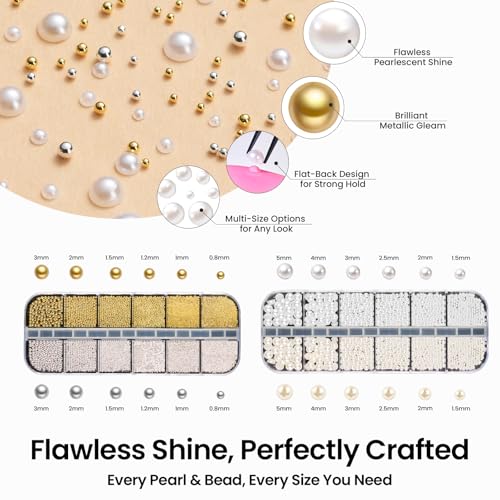 Beetles 3D Nail Charms Gold Silver Nail Beads and White Pearl with 15g - color: E - Gold White-4