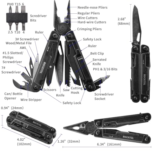 ROCKTOL Gen-R RB Multitool Pliers, VG10 Blade, 27-in-1 Multi-tool, EDC Pocket Knife, Retro Black Finish, Precision Screwdriver, Gut Hook for Hunting, Backpacking, Hiking, Camping