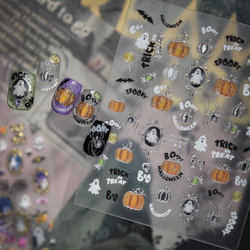 1 Sheet Halloween Nail Art Stickers 5D Embossed Self Adhesive Nails Decals Cute Ghost Pumpkin Nail Sticker Frame Ghost Pegatinas Uñas Silver Bats Spider Manicure Sliders for Women Nails Decoration - color: Halloween Ghost Pumpkin
