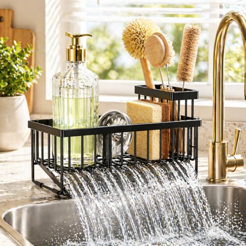 Kitchen Sink Caddy Organizer with Sloped Drain Tray, Black Sponge Holder with Utensil Holder Chopstick Cup, Fast Drain Drying Rack for Brush Soap Dispenser Countertop Storage