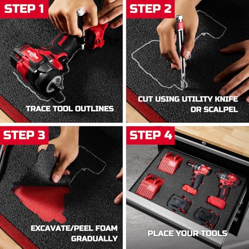 ONREVA Tool Box Foam Organizer 16x12x2 inch 3 Pack, Black with Red