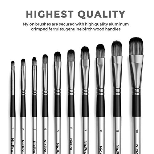 Nicpro 10 PCS Filbert Paint Brush Set for Acrylic, Watercolor, Oil, Gouache - size: 10PCS - Filbert