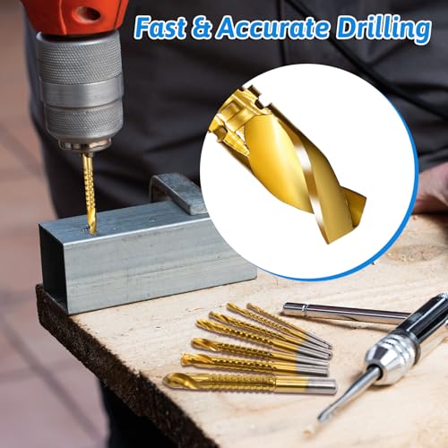 8 Pack Titanium Coated HSS Twist Drill Bits, 3-10mm Serrated Side Cutting Drill Bit, Hex Shank Serrated Cutting Drill Bits, Drill Bit Woodworking Tools, Hole Holesaw Tool for Plastic Metal Wood Hole
